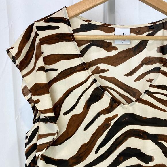 CABI  Size L Zebra Print Flutter Cap Sleeve Top 3771 V Neck Brown Cream - Picture 4 of 7